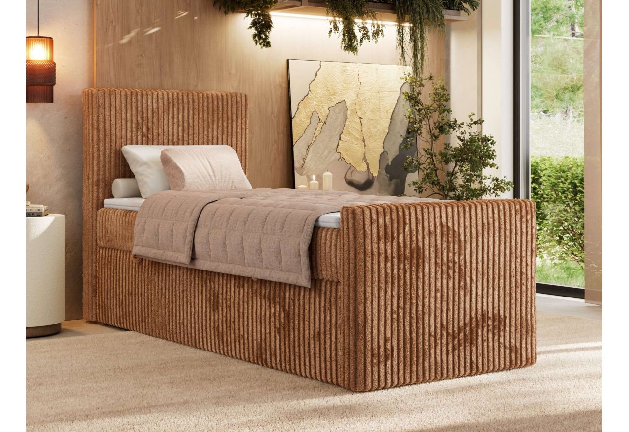 Łóżko kontynentalne TILIANO DUO 90x200 - H3 - pomarańczowy, sztruks - strona lewa - topper Visco