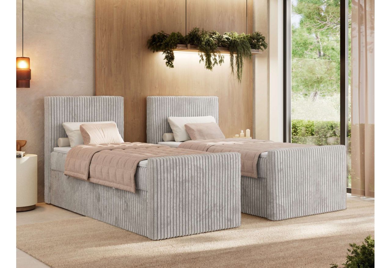 Łóżko kontynentalne TILIANO DUO 90x200 - H3 - jasnoszary, sztruks - strona lewa - topper Visco