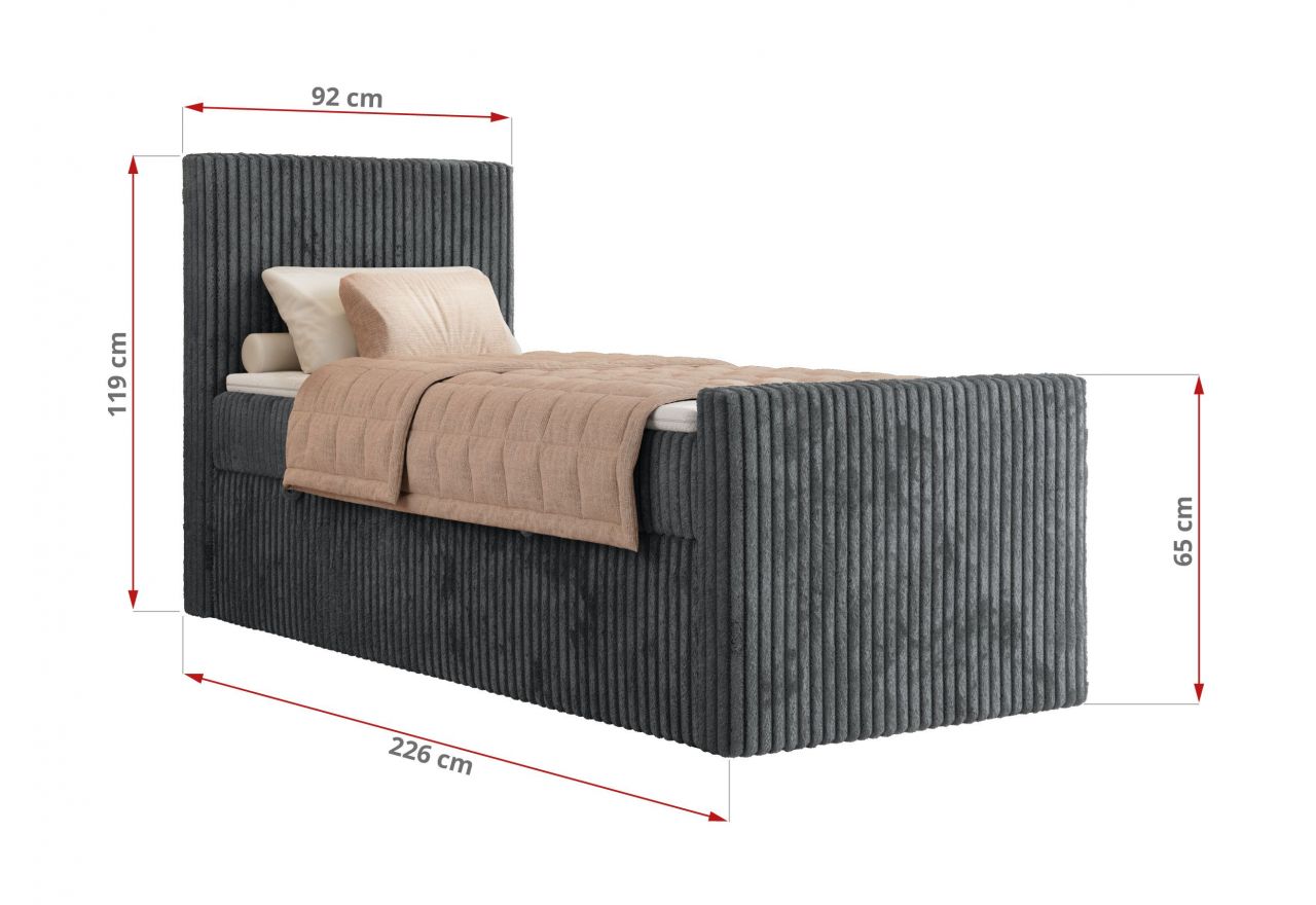 Łóżko kontynentalne TILIANO DUO 90x200 - H3 - ciemnoszary, sztruks - strona lewa - topper Visco