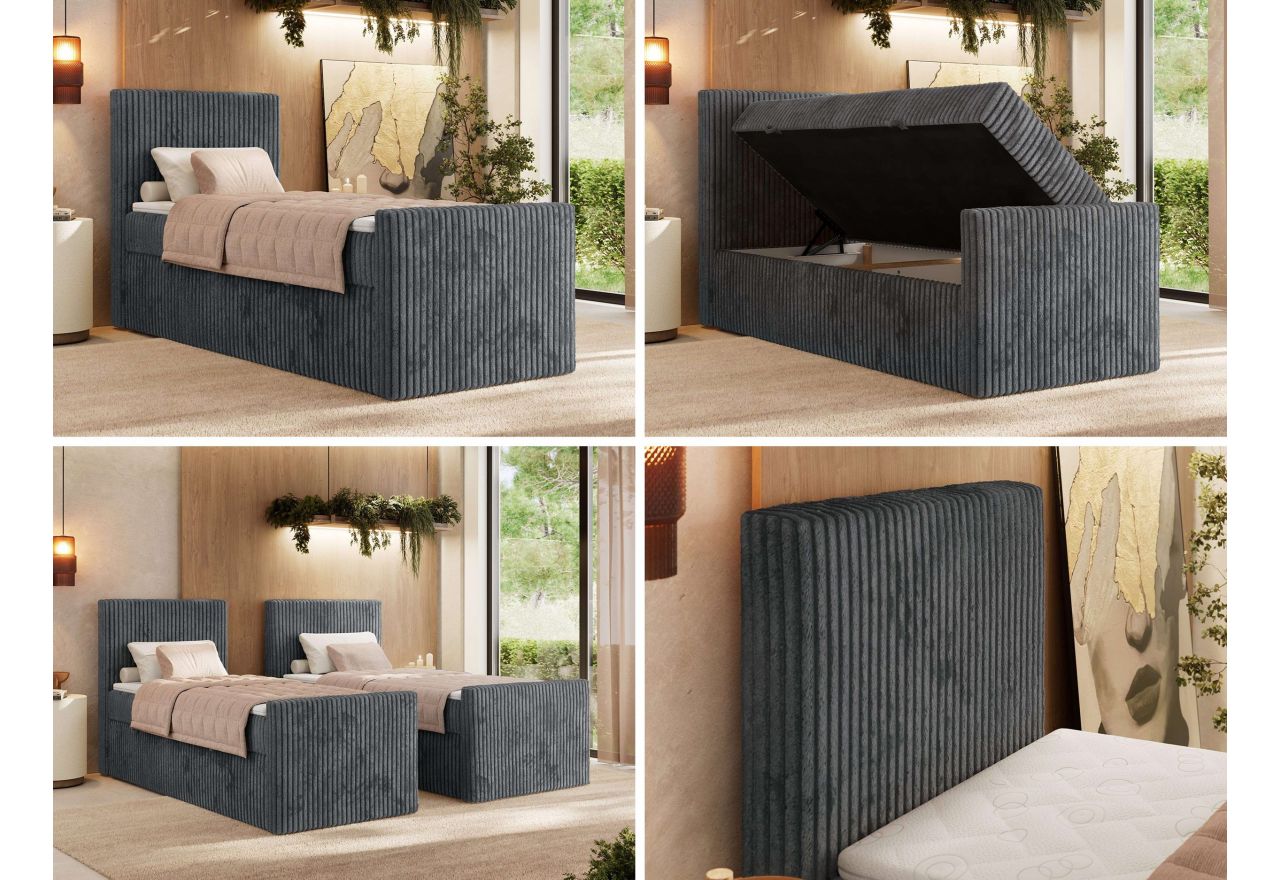 Łóżko kontynentalne TILIANO DUO 90x200 - H3 - ciemnoszary, sztruks - strona lewa - topper Visco