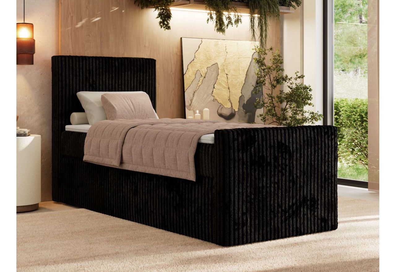 Łóżko kontynentalne TILIANO DUO 90x200 - H3 - czarny, sztruks - strona lewa - topper Visco