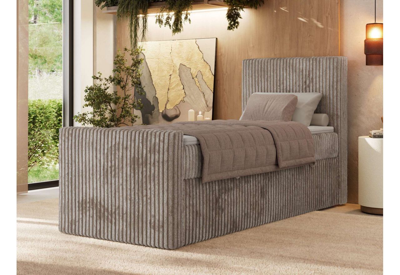 Łóżko kontynentalne TILIANO DUO 90x200 - H3 - jasnobrązowy, sztruks - strona prawa - topper Visco