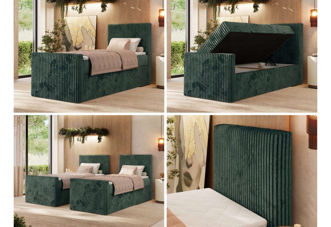 Łóżko kontynentalne TILIANO DUO 90x200 - H3 - ciemnozielony, sztruks - strona prawa - topper Visco