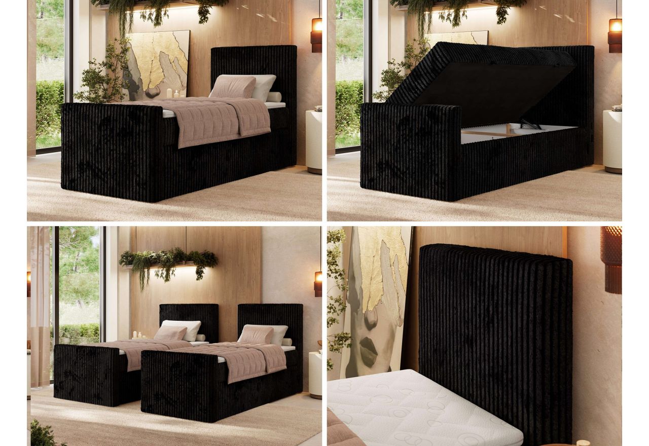 Łóżko kontynentalne TILIANO DUO 90x200 - H3 - czarny, sztruks - strona prawa - topper Visco