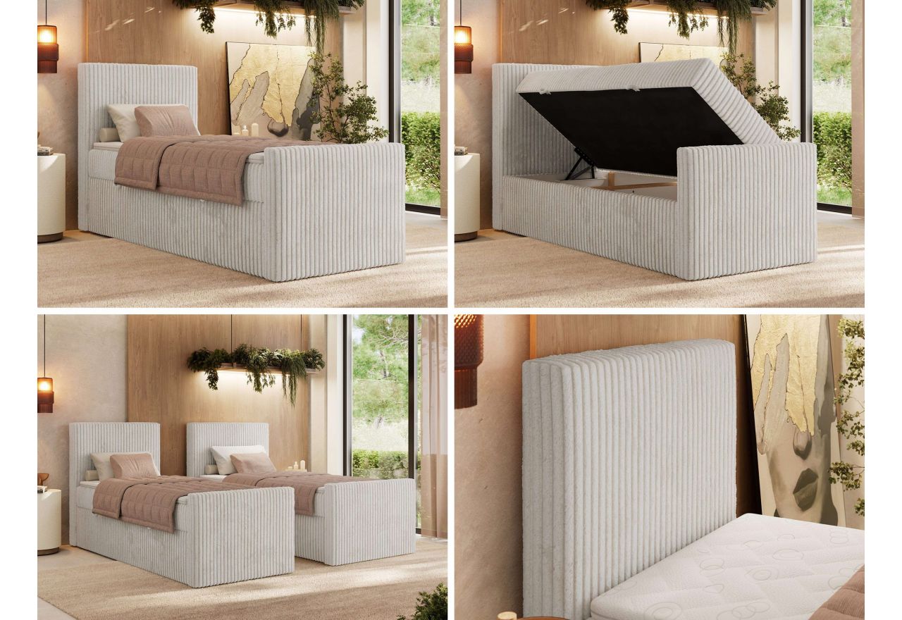 Łóżko kontynentalne TILIANO DUO 90x200 - H4 - beżowy, sztruks - strona lewa - topper Visco