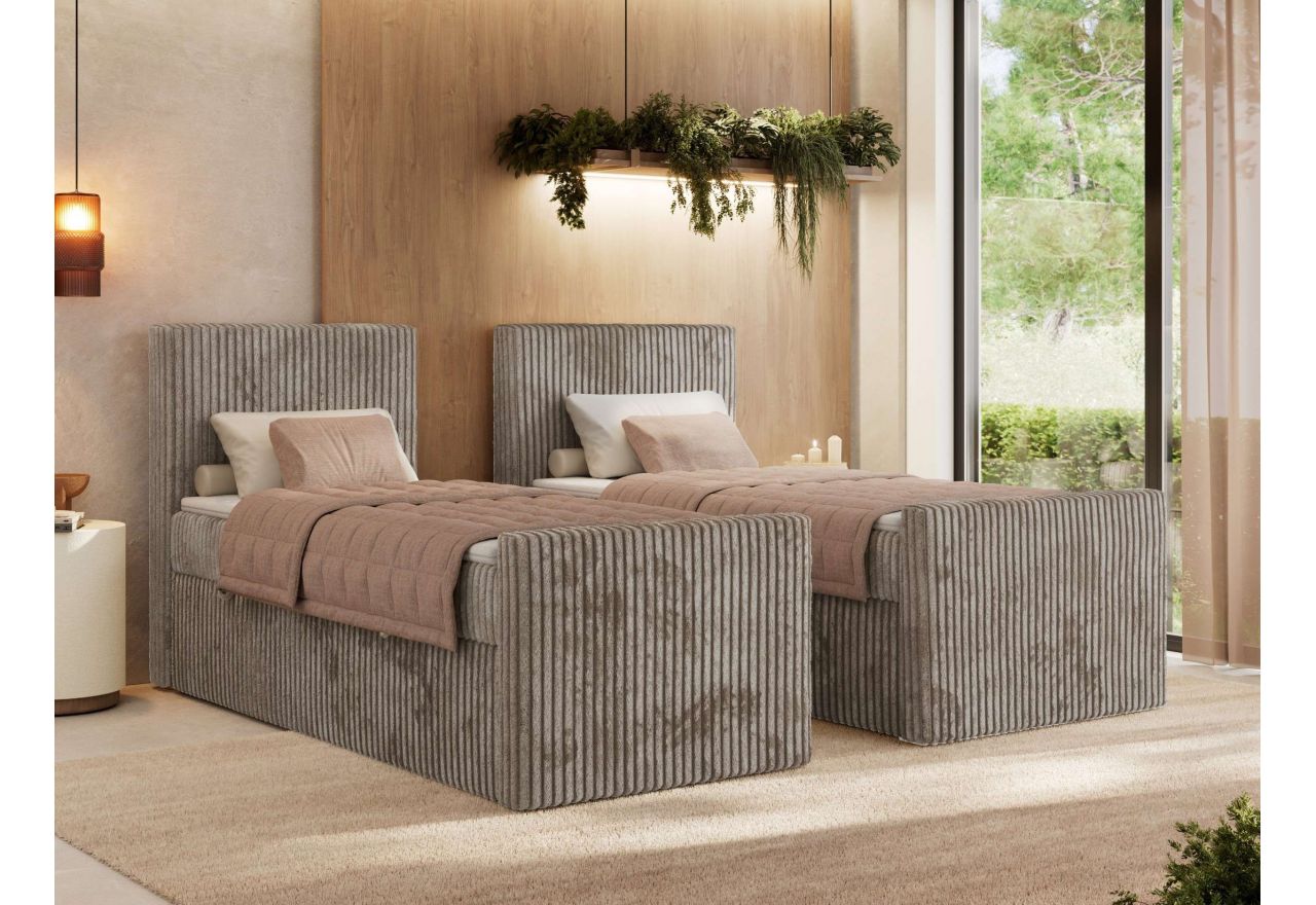 Łóżko kontynentalne TILIANO DUO 90x200 - H4 - jasnobrązowy, sztruks - strona lewa - topper Visco