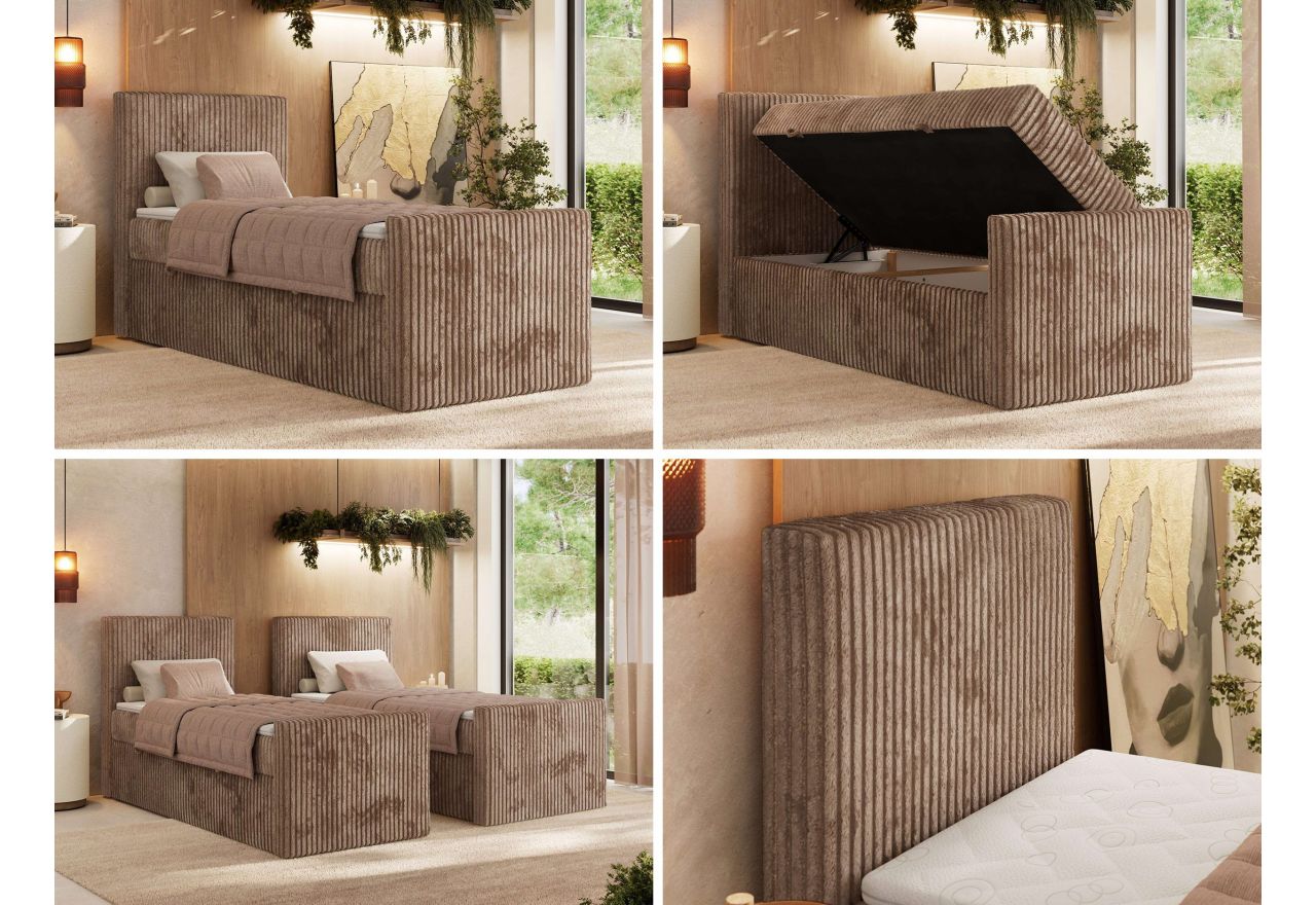 Łóżko kontynentalne TILIANO DUO 90x200 - H4 - brązowy, sztruks - strona lewa - topper Visco