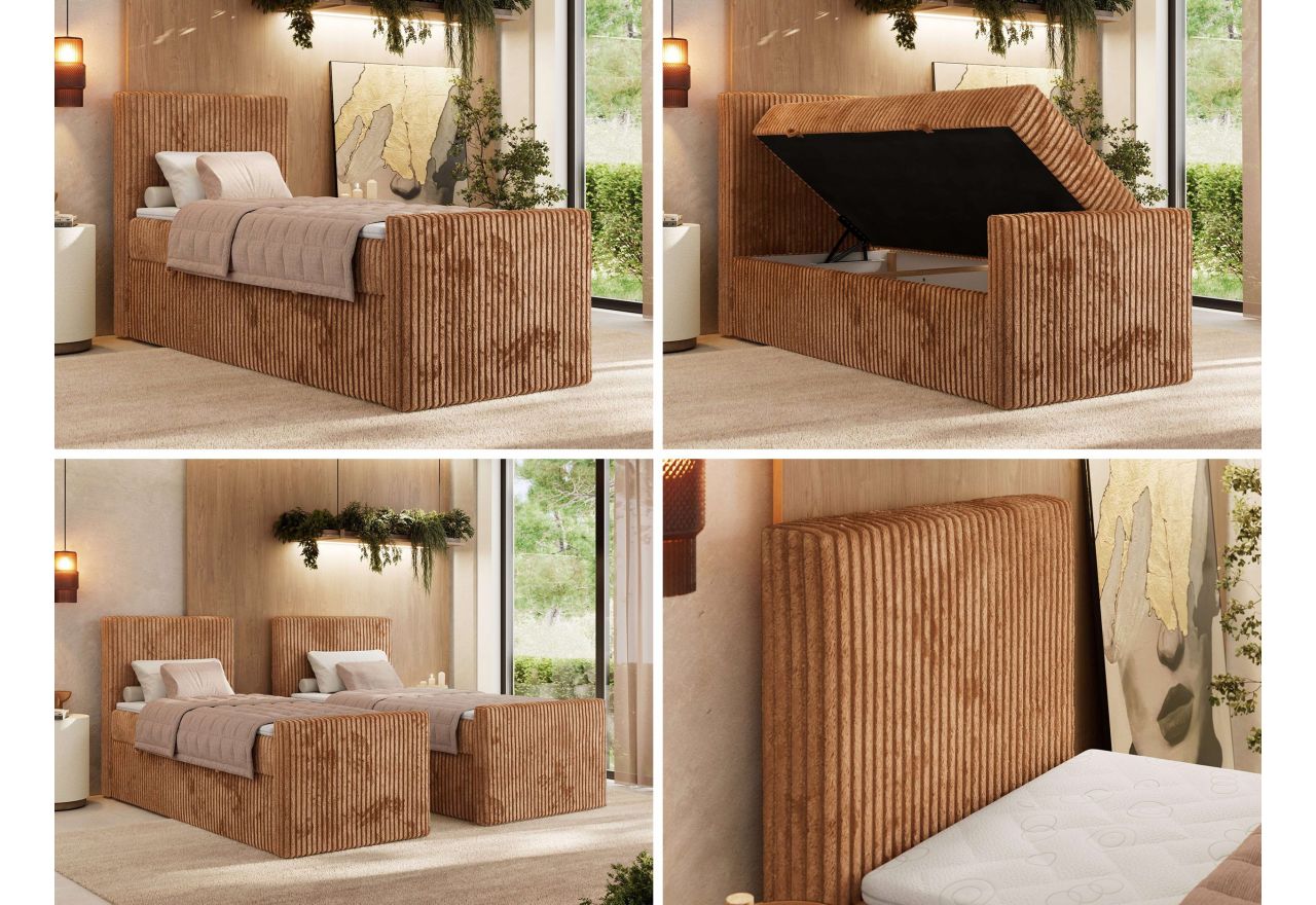 Łóżko kontynentalne TILIANO DUO 90x200 - H4 - pomarańczowy, sztruks - strona lewa - topper Visco