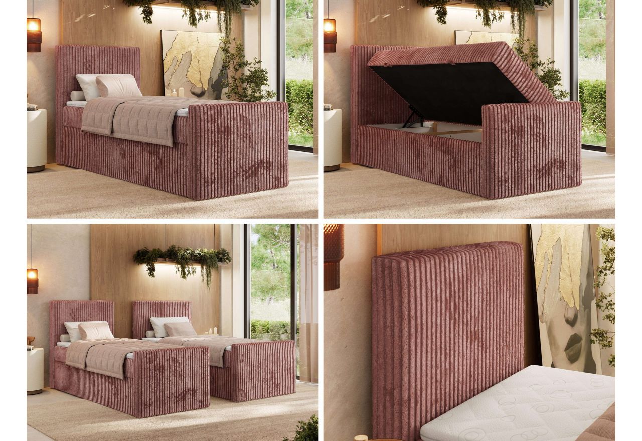 Łóżko kontynentalne TILIANO DUO 90x200 - H4 - różowy, sztruks - strona lewa - topper Visco