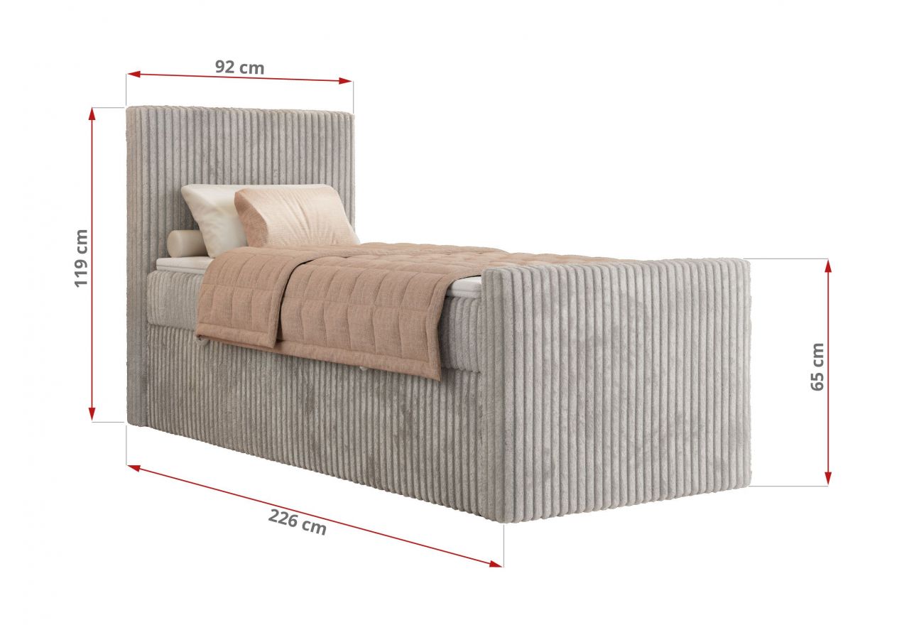 Łóżko kontynentalne TILIANO DUO 90x200 - H4 - jasnoszary, sztruks - strona lewa - topper Visco