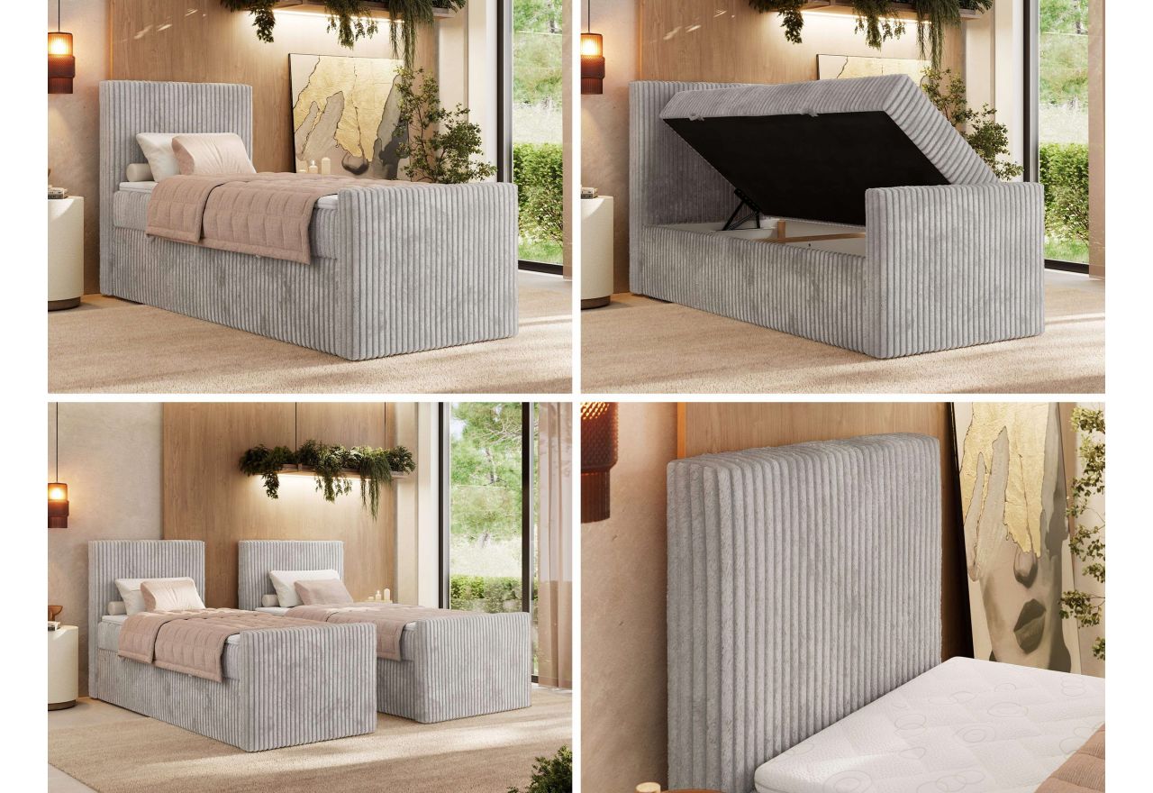 Łóżko kontynentalne TILIANO DUO 90x200 - H4 - jasnoszary, sztruks - strona lewa - topper Visco