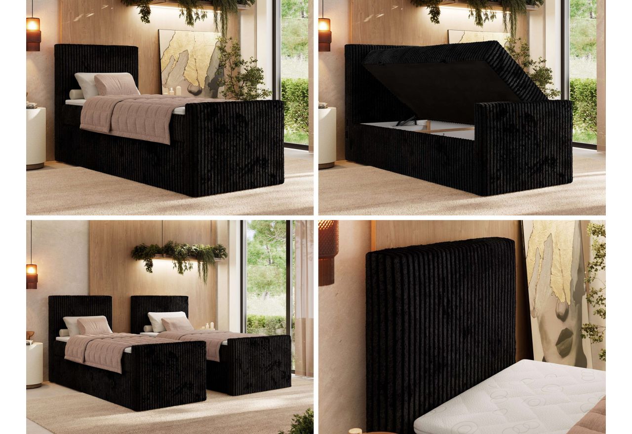 Łóżko kontynentalne TILIANO DUO 90x200 - H4 - czarny, sztruks - strona lewa - topper Visco