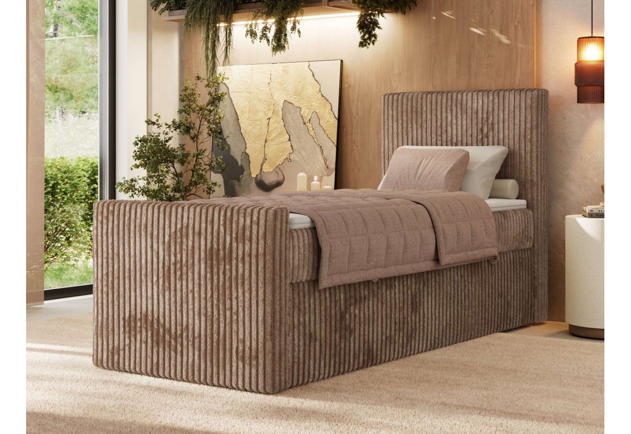 Łóżko kontynentalne TILIANO DUO 90x200 - H4 - brązowy, sztruks - strona prawa - topper Visco