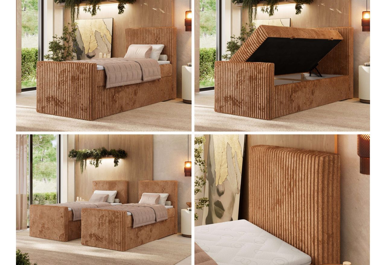 Łóżko kontynentalne TILIANO DUO 90x200 - H4 - pomarańczowy, sztruks - strona prawa - topper Visco