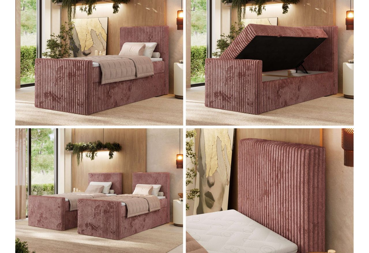 Łóżko kontynentalne TILIANO DUO 90x200 - H4 - różowy, sztruks - strona prawa - topper Visco