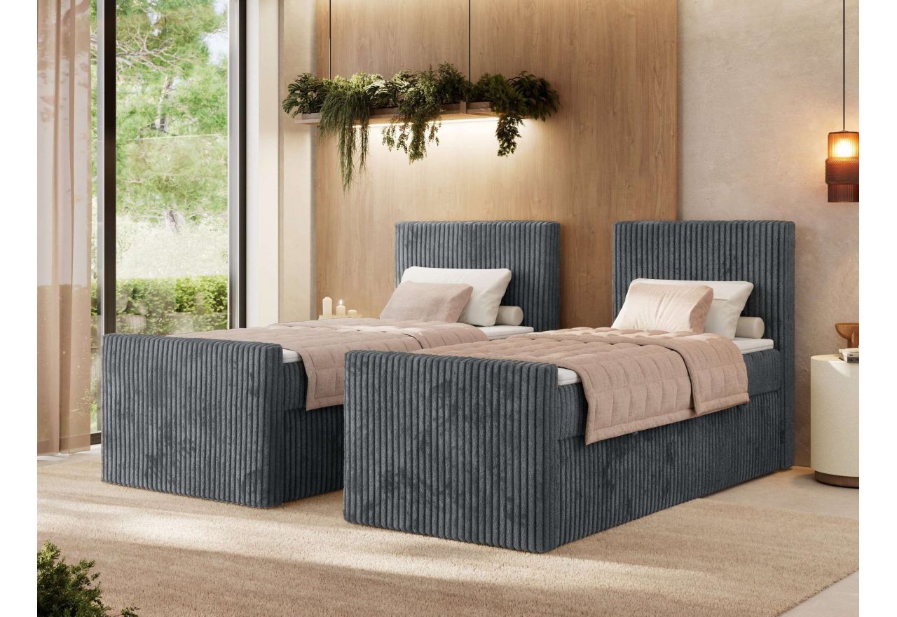 Łóżko kontynentalne TILIANO DUO 90x200 - H4 - ciemnoszary, sztruks - strona prawa - topper Visco