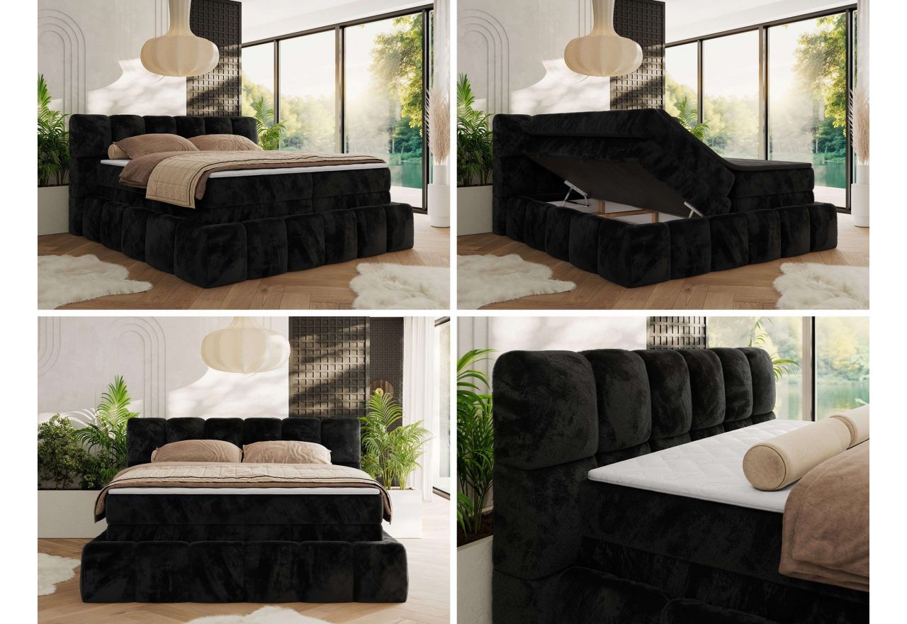 Łóżko kontynentalne - NIRA KING 160x200 - H4 - czarny, plusz