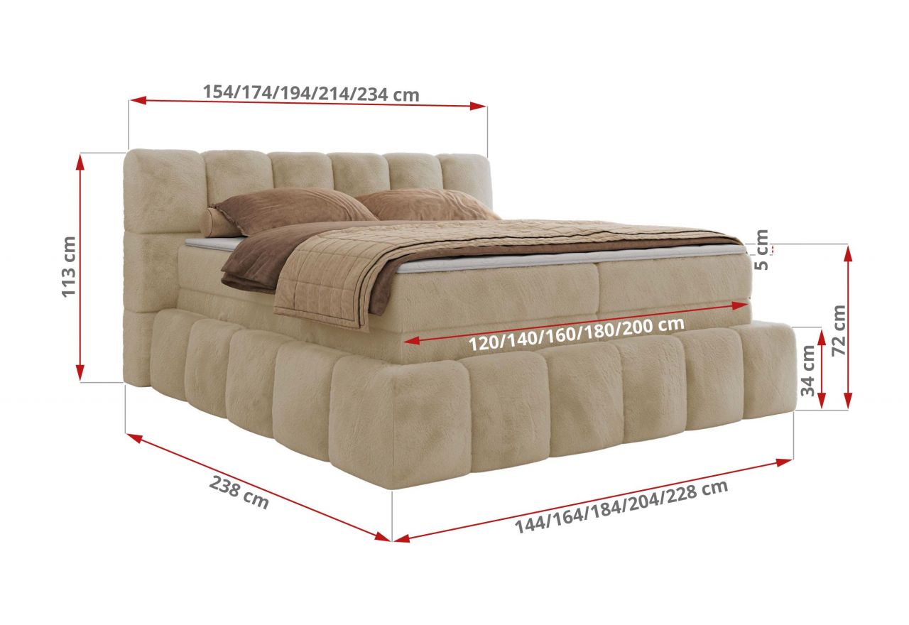 Łóżko kontynentalne - NIRA KING 160x200 - H4 - kremowy, plusz