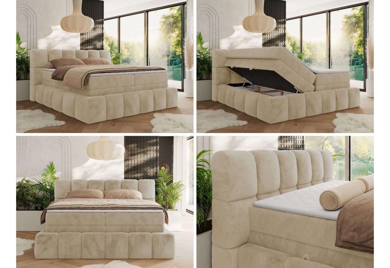 Łóżko kontynentalne - NIRA KING 160x200 - H4 - kremowy, plusz