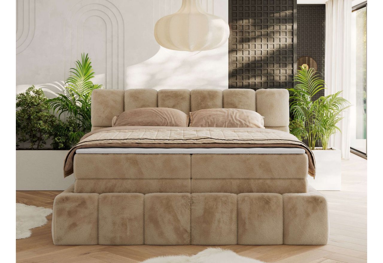 Łóżko kontynentalne - NIRA KING 120x200 - H4 - beżowy, plusz