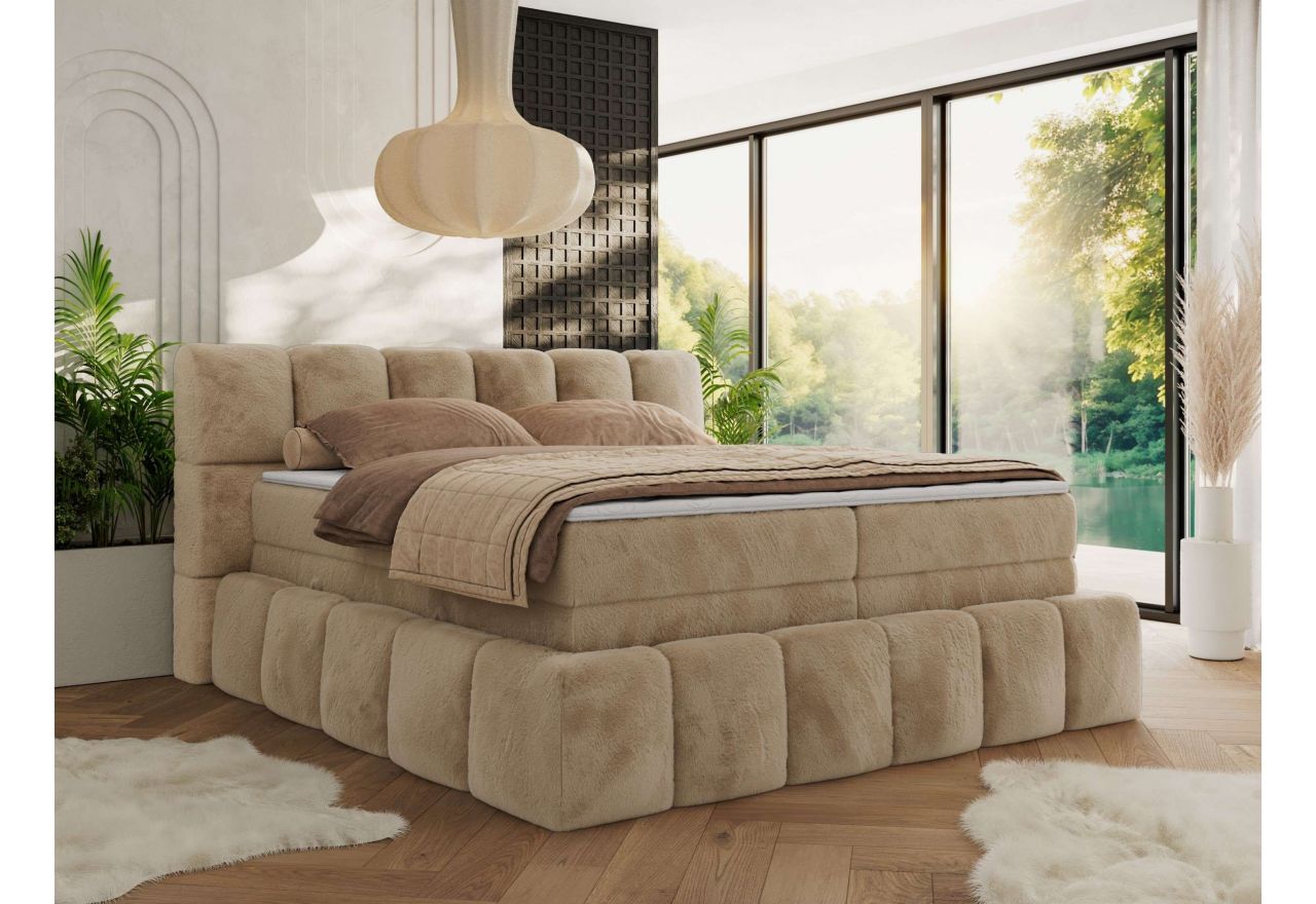 Łóżko kontynentalne - NIRA KING 160x200 - H4 - beżowy, plusz