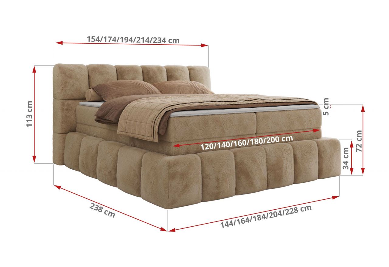 Łóżko kontynentalne - NIRA KING 200x200 - H4 - beżowy, plusz