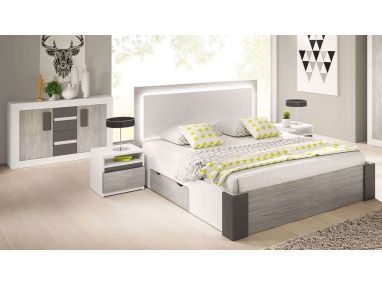 Nowoczesny zestaw mebli do sypialni z dwoma stolikami nocnymi, komodą i łóżkiem - HELOSI Biały / Kathult / Grafit