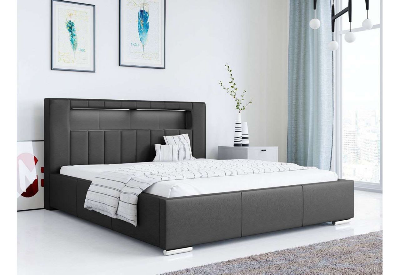 Wygodne i eleganckie łóżko tapicerowane z wysokim wezgłowiem do sypialni - GOLD 5 czarna ecoskóra