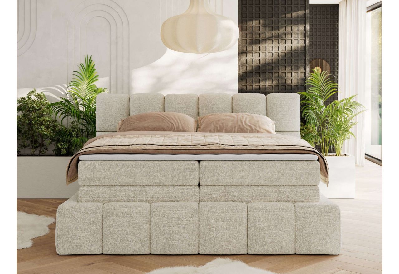 Łóżko kontynentalne - NIRA KING 200x200 - H4 - kremowy, struktura