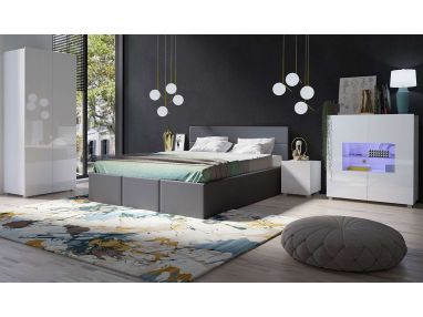 Minimalistyczne meble, zestaw do sypialni z łóżkiem tapicerowanym 160x200 cm i opcją LED do komody - CONTROL
