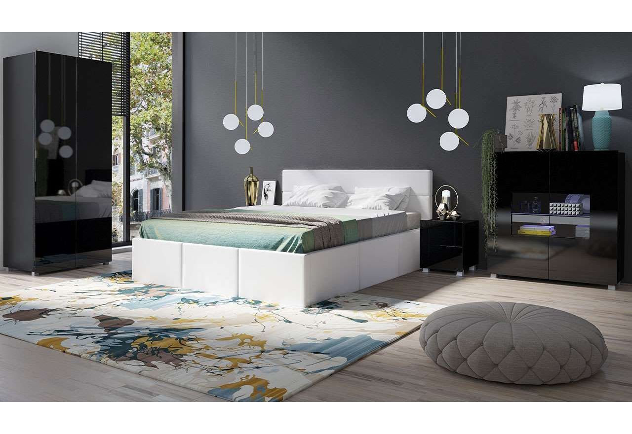 Zestaw czarnych mebli do sypialni z łóżkiem 160x200 cm w białej ekoskórze - CONTROL