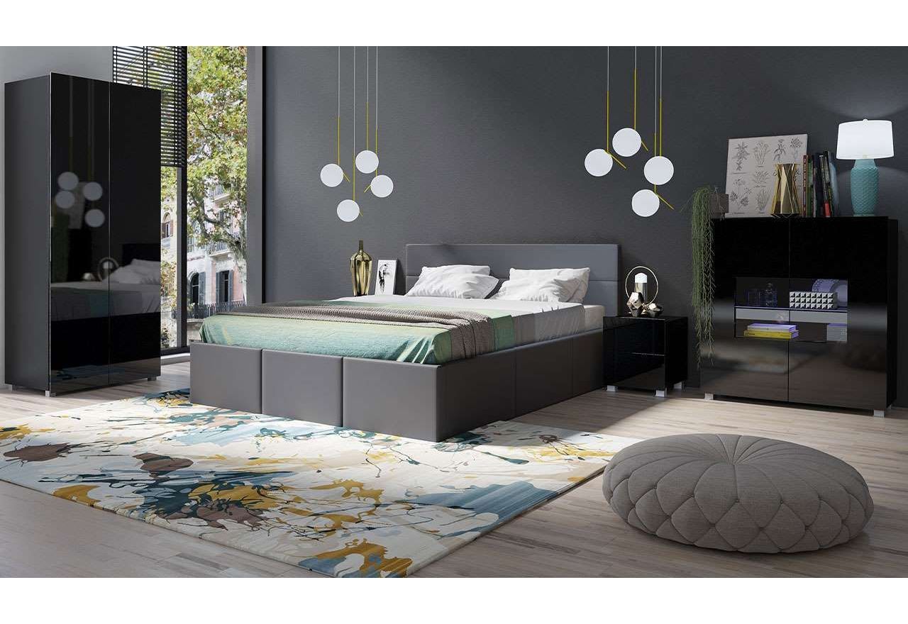 Praktyczny zestaw mebli do sypialni razem z wygodnym łóżkiem 160x200 cm w grafitowej ekoskórze, fronty czarny połysk - CONTROL