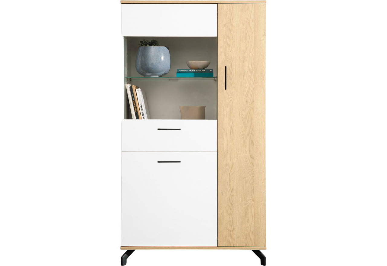 Niska witryna MALISE - Biały Lux / Dąb Biszkoptowy - OUTLETU