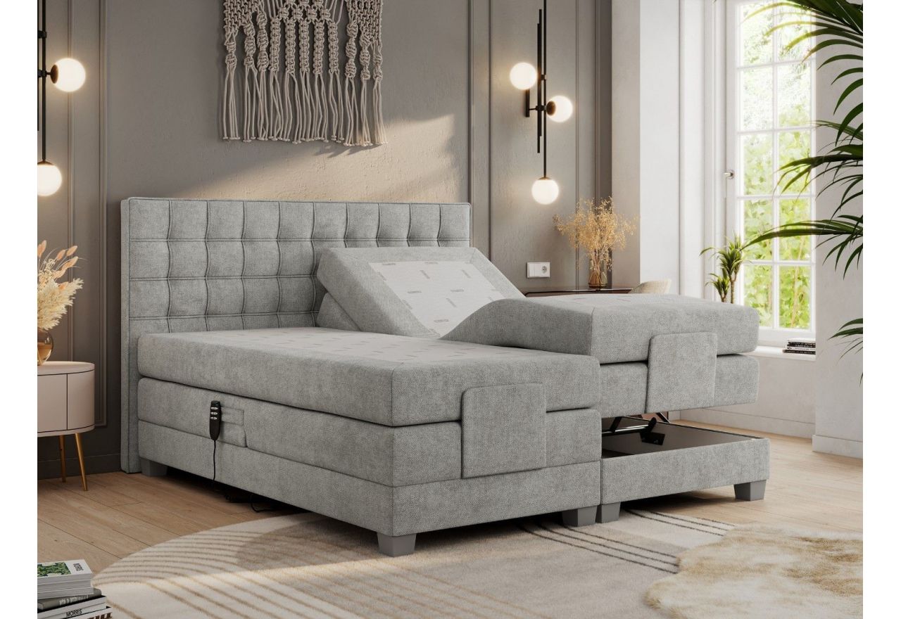 Łóżko kontynentalne, elektrycznie sterowane z pilota - ELECTRO 160x200 - H3 - jasnoszary, struktura