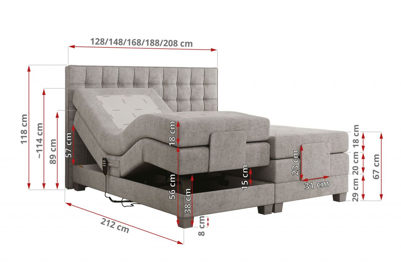 Łóżko kontynentalne, elektrycznie sterowane z pilota - ELECTRO 140x200 - H4 - jasnoszary, struktura