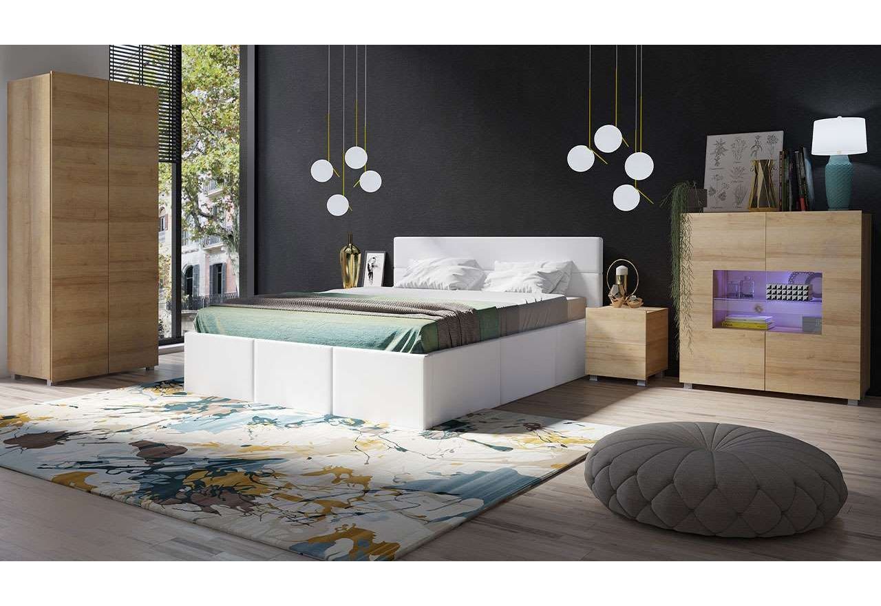 Zestaw, komplet mebli w kolorze dąb złoty z wygodnym dwuosobowym łóżkiem do sypialni - CONTROL