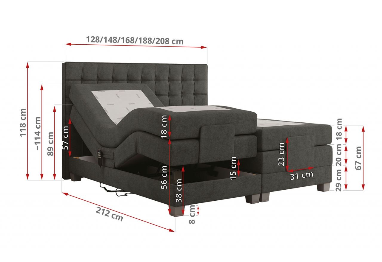 Łóżko kontynentalne, elektrycznie sterowane z pilota - ELECTRO 200x200 - H3 - ciemnoszary, struktura