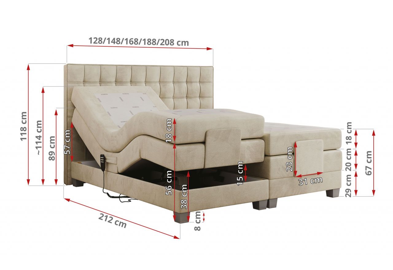 Łóżko kontynentalne, elektrycznie sterowane z pilota - ELECTRO 180x200 - H3 - beżowy, welwet