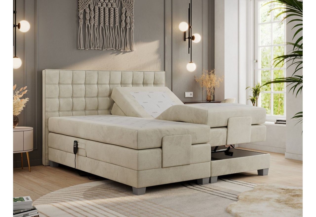 Łóżko kontynentalne, elektrycznie sterowane z pilota - ELECTRO 180x200 - H4 - beżowy, welwet