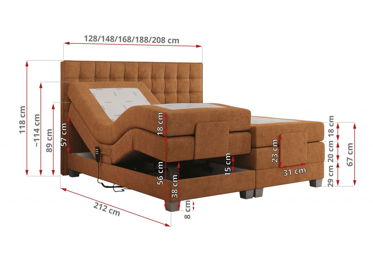 Łóżko kontynentalne, elektrycznie sterowane z pilota - ELECTRO 140x200 - H3 - pomarańczowy, struktura