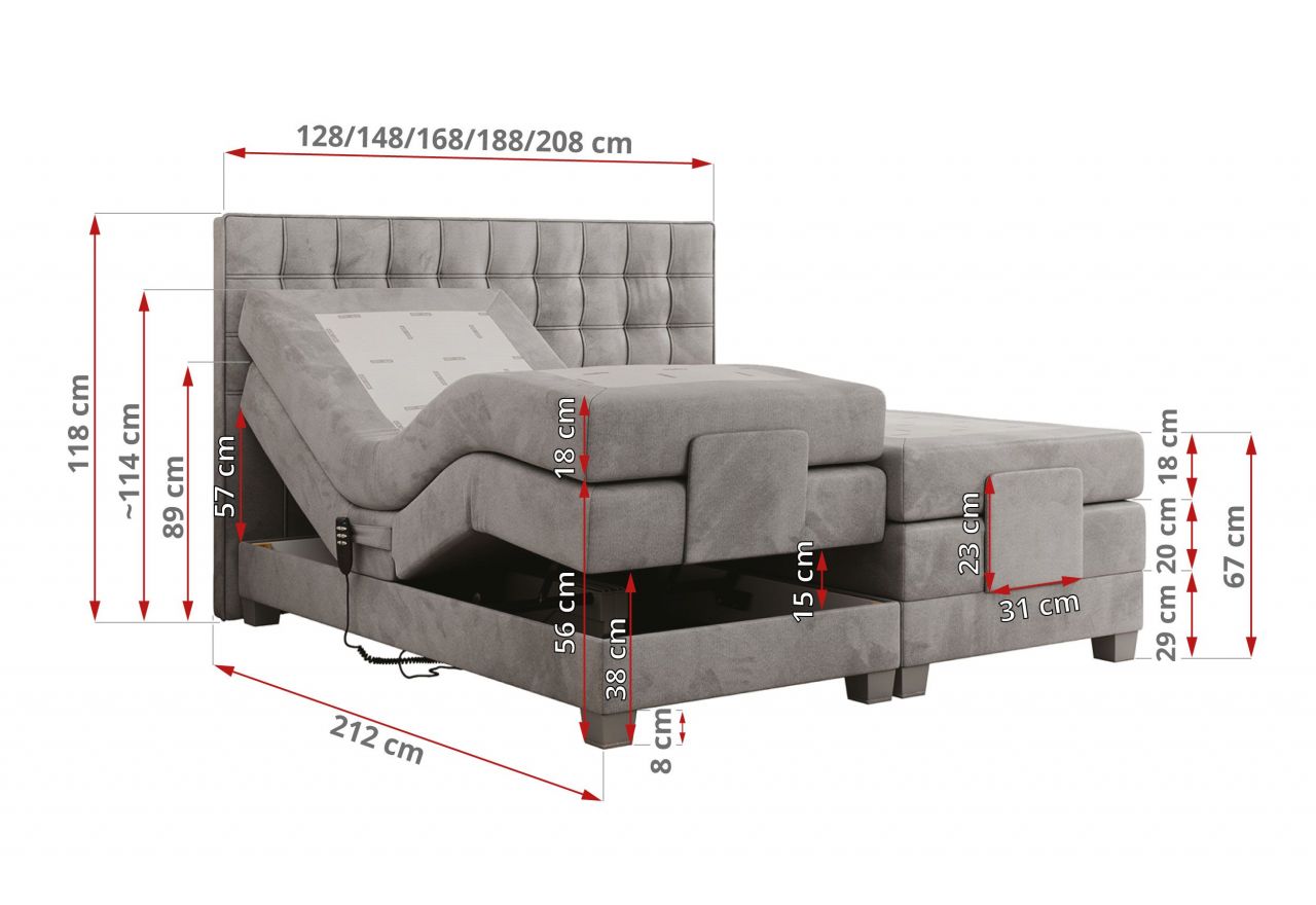 Łóżko kontynentalne, elektrycznie sterowane z pilota - ELECTRO 200x200 - H3 - jasnoszary, welwet