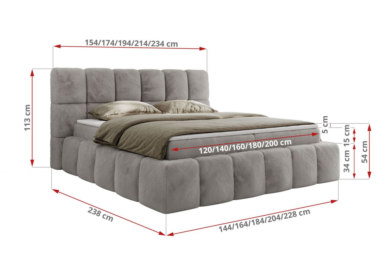 Łóżko kontynentalne NIRA 160x200 - H4 - jasnoszary, plusz