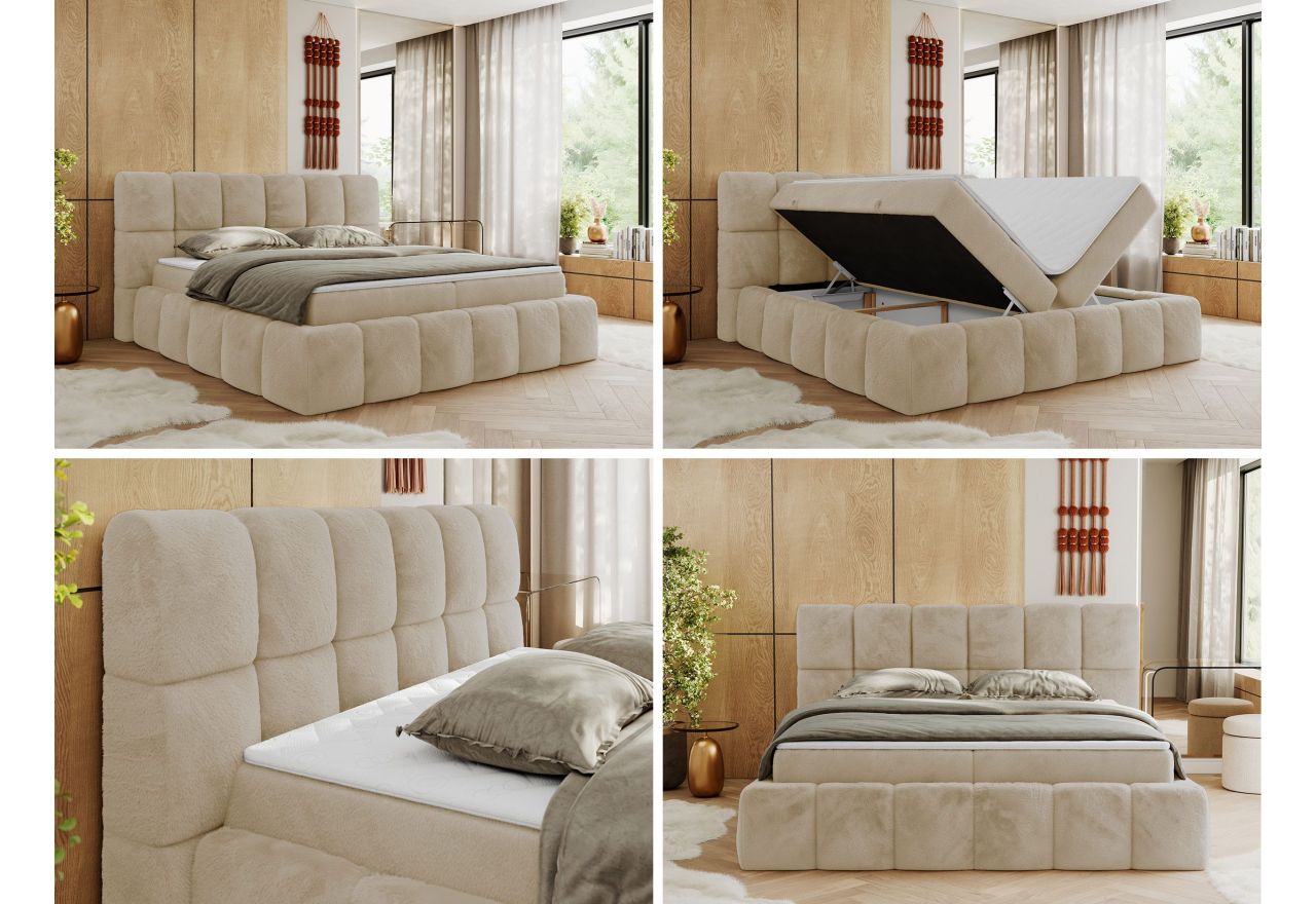 Łóżko kontynentalne NIRA 200x200 - H3 - kremowy, plusz