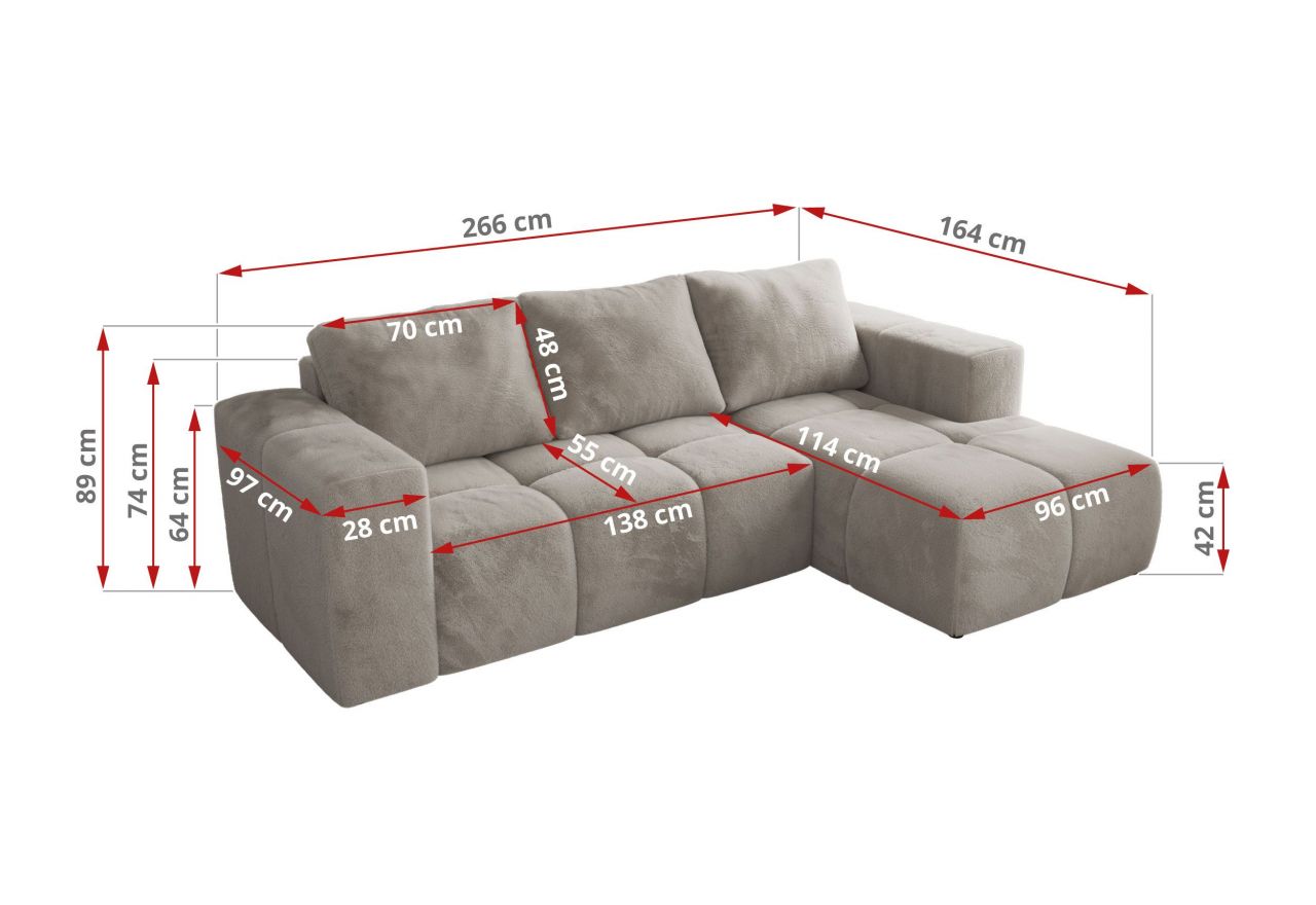 Narożnik MONIVA L - strona lewa - jasnoszary, plusz