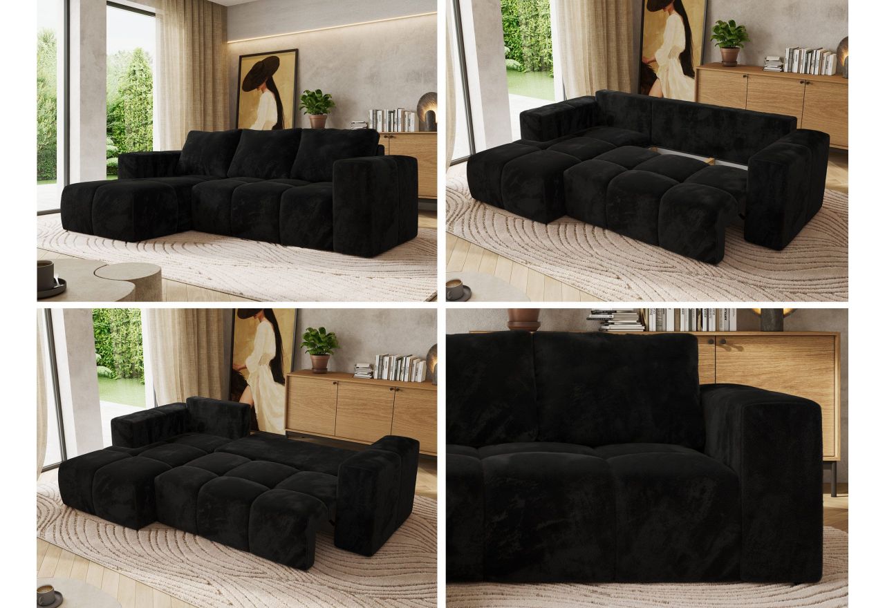 Narożnik MONIVA L - strona lewa - czarny, plusz