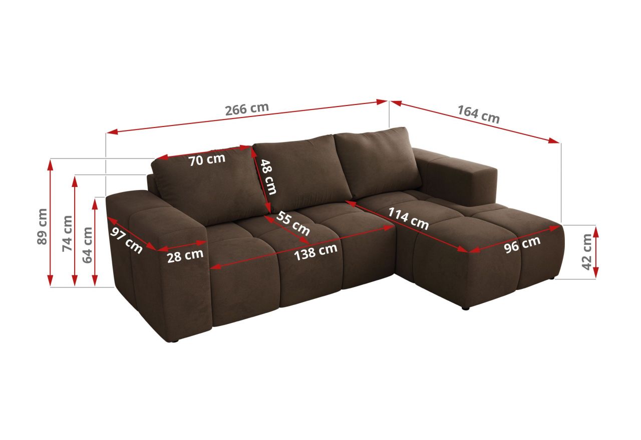 Narożnik MONIVA L - strona lewa - brązowy, welwet