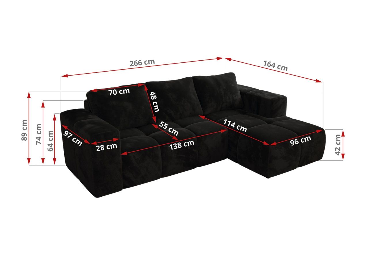 Narożnik MONIVA L - strona prawa - czarny, plusz