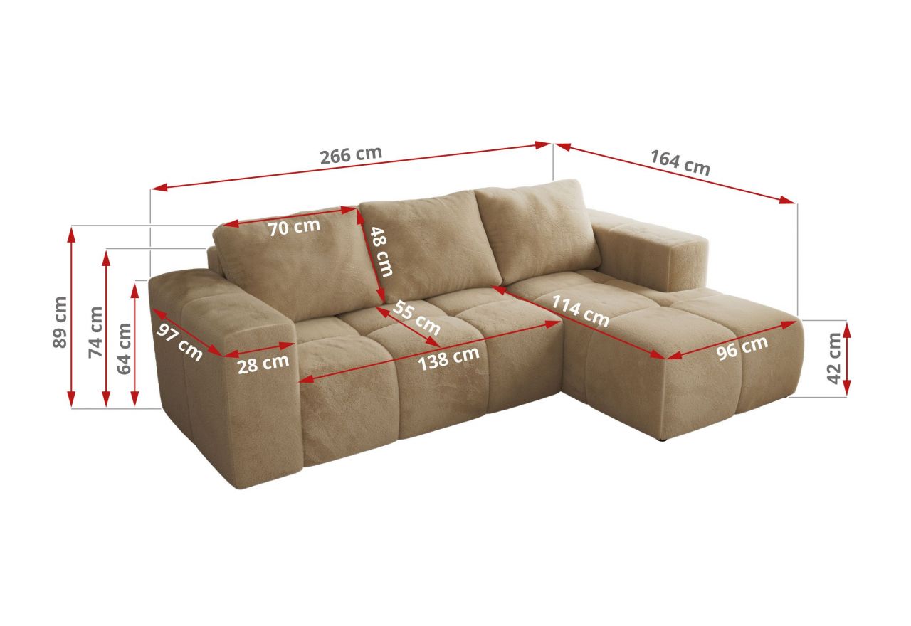 Narożnik MONIVA L - strona prawa - beżowy, plusz