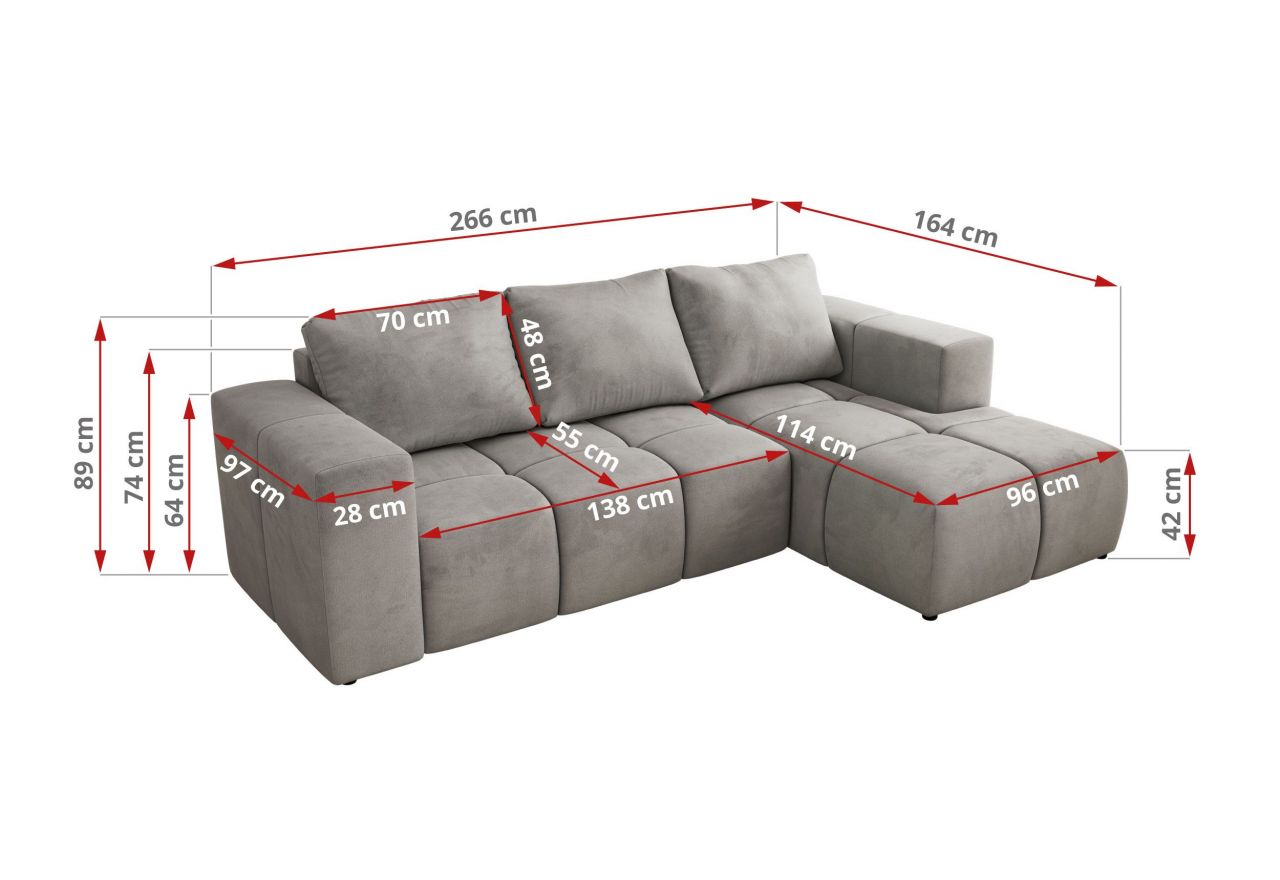 Narożnik MONIVA L - strona prawa - jasnoszary, welwet
