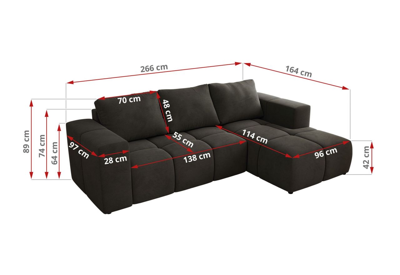 Narożnik MONIVA L - strona prawa - ciemnoszary, welwet